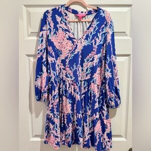 Lilly Pulitzer TRACI LONG SLEEVE DRESS Borealis Blue Swim on Over SZ M